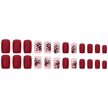 Red Frosted Flower Style Manicures Matte Nail Art Pieces Detachable Fake Nails