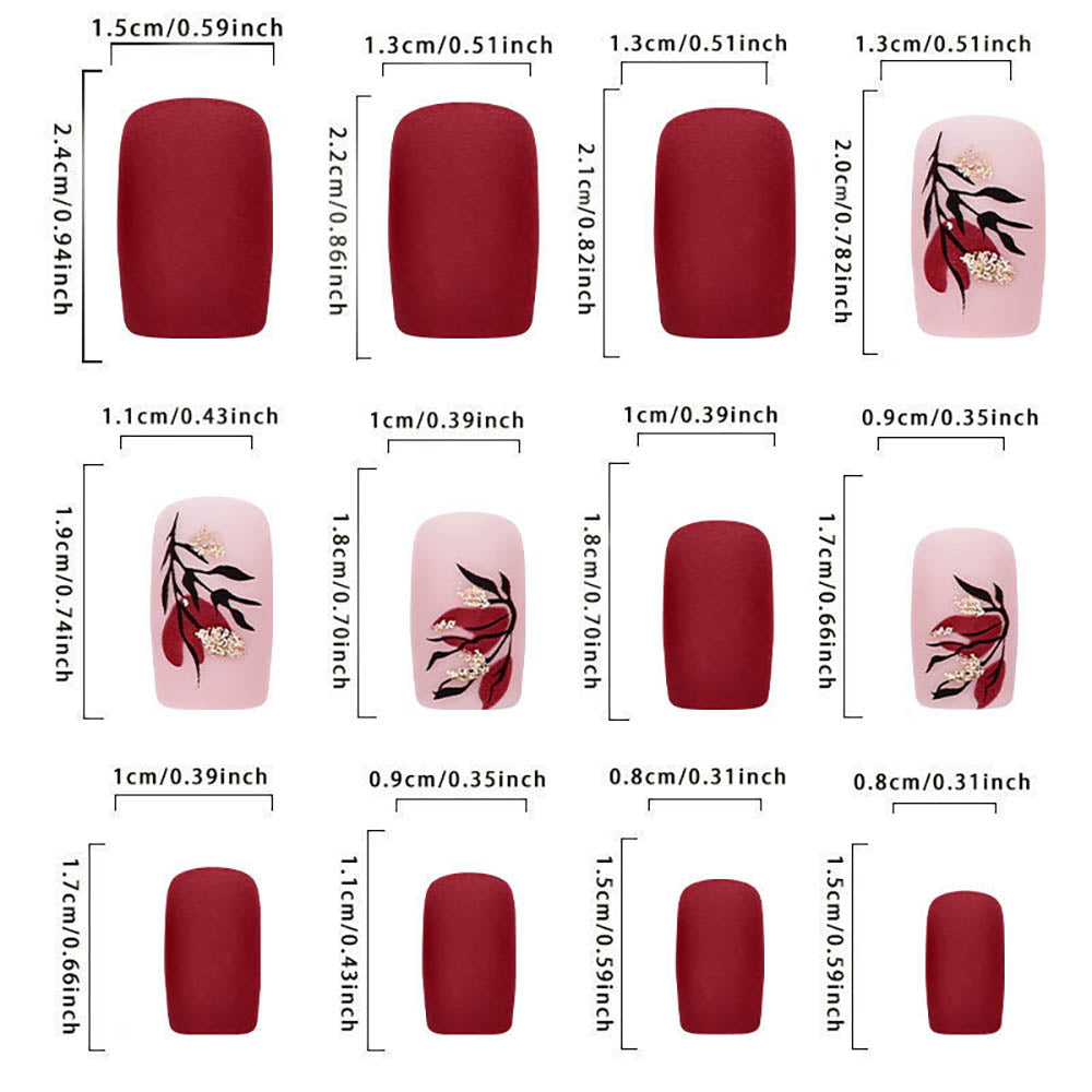 Red Frosted Flower Style Manicures Matte Nail Art Pieces Detachable Fake Nails