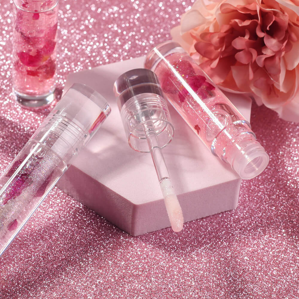 3-Shade Lip Oil Plumping Lip Gloss Real Rose Petals Pearlescent Shimmer
