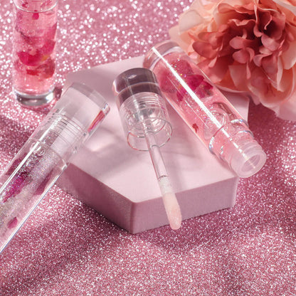 3-Shade Lip Oil Plumping Lip Gloss Real Rose Petals Pearlescent Shimmer