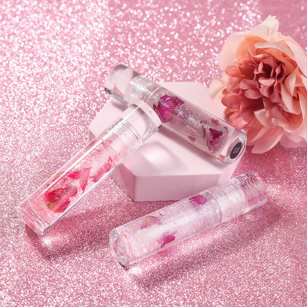 3-Shade Lip Oil Plumping Lip Gloss Real Rose Petals Pearlescent Shimmer