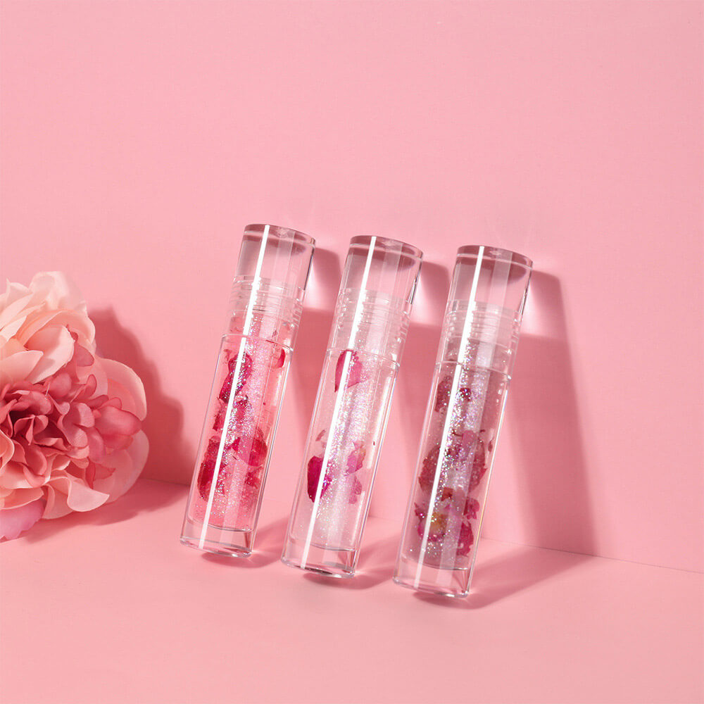 3-Shade Lip Oil Plumping Lip Gloss Real Rose Petals Pearlescent Shimmer
