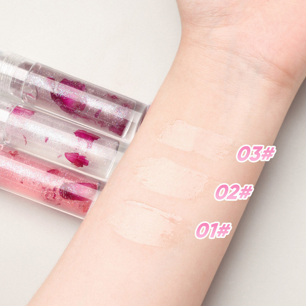 3-Shade Lip Oil Plumping Lip Gloss Real Rose Petals Pearlescent Shimmer
