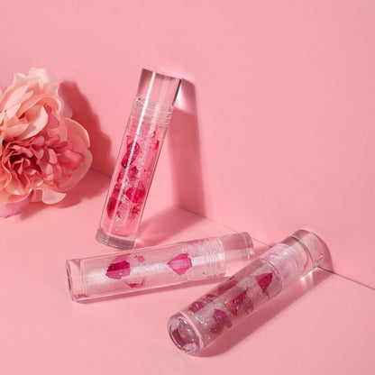 3-Shade Lip Oil Plumping Lip Gloss Real Rose Petals Pearlescent Shimmer