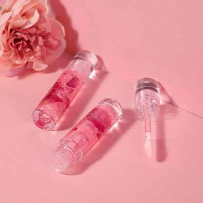 3-Shade Lip Oil Plumping Lip Gloss Real Rose Petals Pearlescent Shimmer