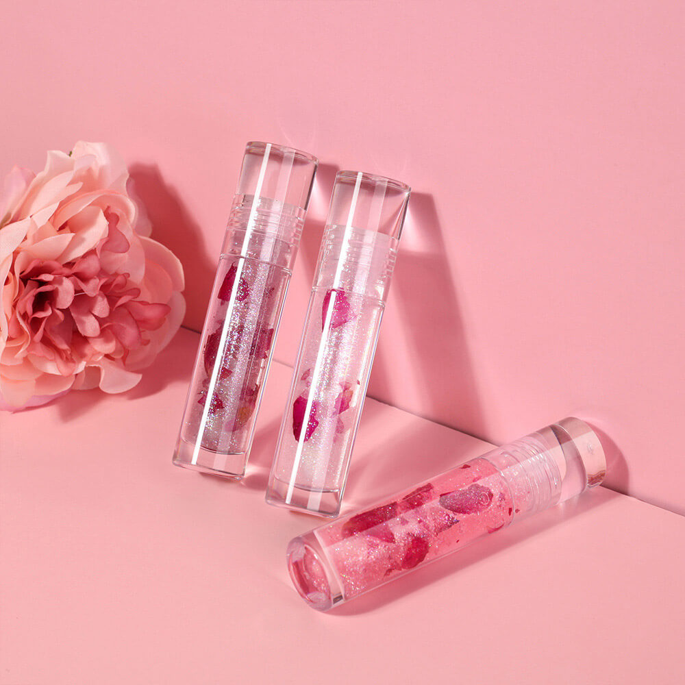 3-Shade Lip Oil Plumping Lip Gloss Real Rose Petals Pearlescent Shimmer