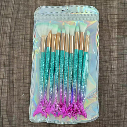 10-piece mermaid tail makeup brush set colorful 3D soft brushes beauty tools