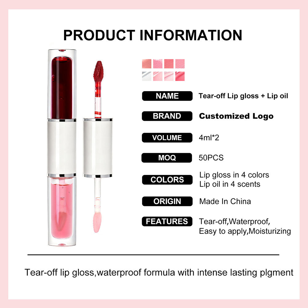 4-Color Tear-off Lip Gloss & Lip Oil Double-ended Waterproof Long Lasting
