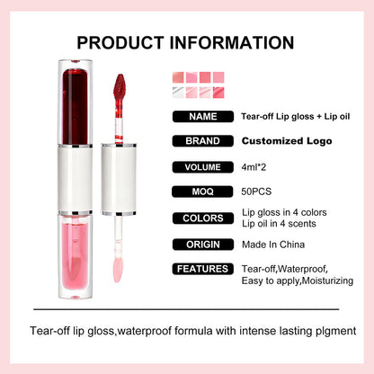 4-Color Tear-off Lip Gloss & Lip Oil Double-ended Waterproof Long Lasting