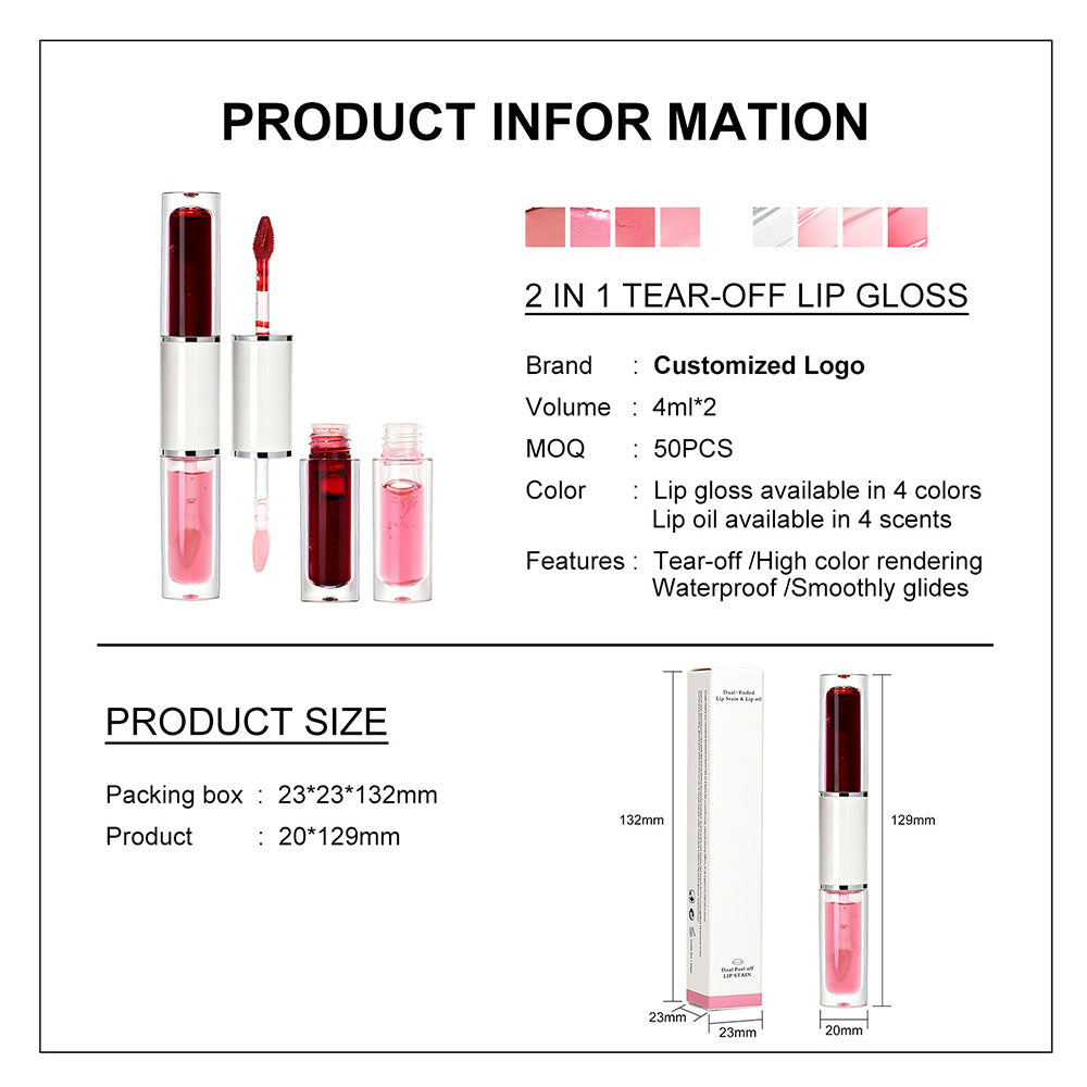 4-Color Tear-off Lip Gloss & Lip Oil Double-ended Waterproof Long Lasting