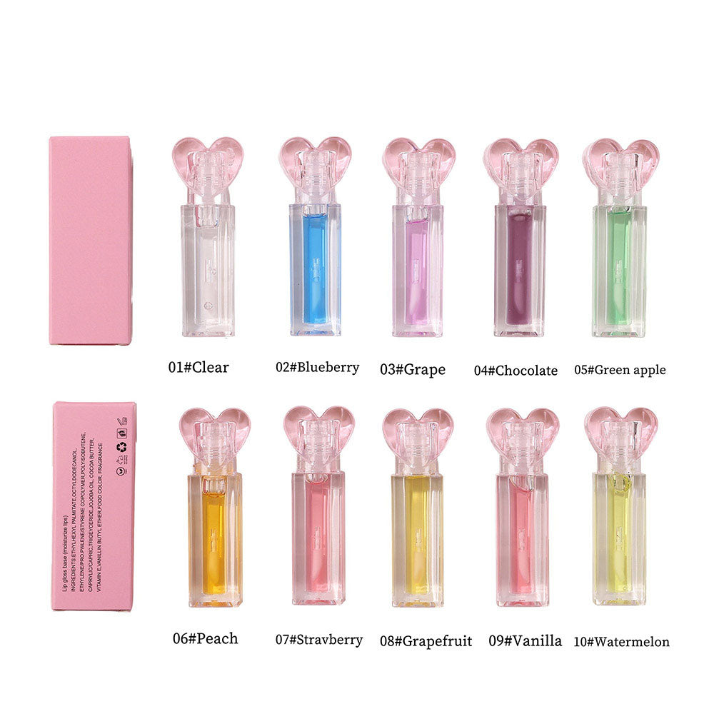 10-Color Fruit Lip Oil Clear Plumping Lip Gloss Moisturizing Heart-Shaped