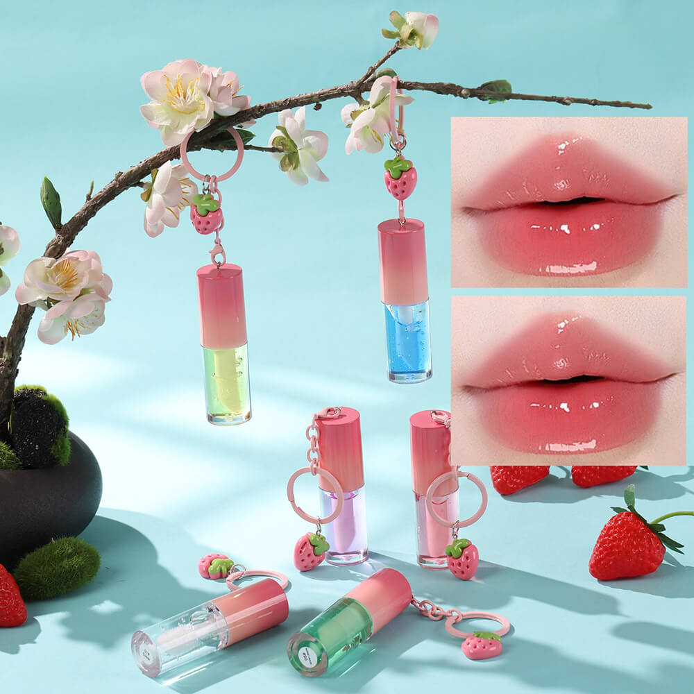 10-Color Fruit Lip Oil Plumping Lip Gloss Moisturizing With Strawberry Keychain