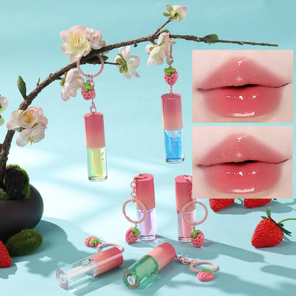 10-Color Fruit Lip Oil Plumping Lip Gloss Moisturizing With Strawberry Keychain
