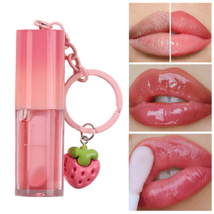 10-Color Fruit Lip Oil Plumping Lip Gloss Moisturizing With Strawberry Keychain