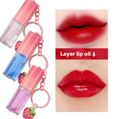 10-Color Fruit Lip Oil Plumping Lip Gloss Moisturizing With Strawberry Keychain
