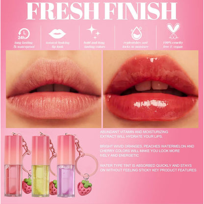 10-Color Fruit Lip Oil Plumping Lip Gloss Moisturizing With Strawberry Keychain