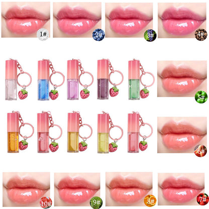 10-Color Fruit Lip Oil Plumping Lip Gloss Moisturizing With Strawberry Keychain