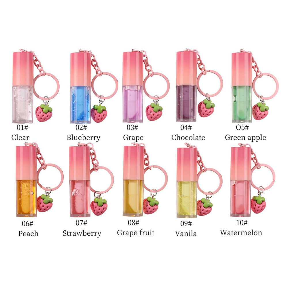 10-Color Fruit Lip Oil Plumping Lip Gloss Moisturizing With Strawberry Keychain