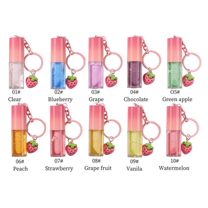 10-Color Fruit Lip Oil Plumping Lip Gloss Moisturizing With Strawberry Keychain