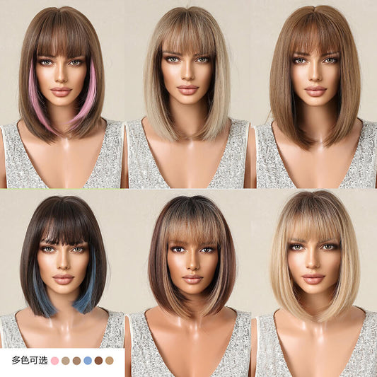 Women wigs with bangs bob hair short straight hair full wig cover headgear