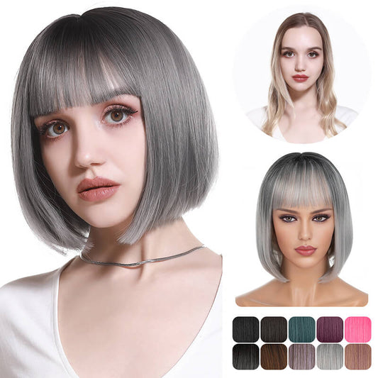 Wigs short straight hair bobo head air bangs whole wig headgear