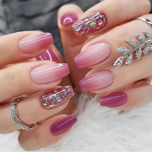 Nail pieces press on nails nail art purple pink gradien glitter nail