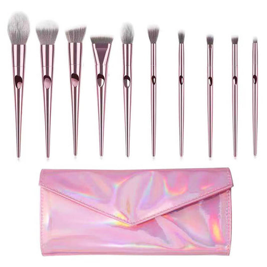 Ensemble de 10 pinceaux de maquillage roses doux avec pochette laser